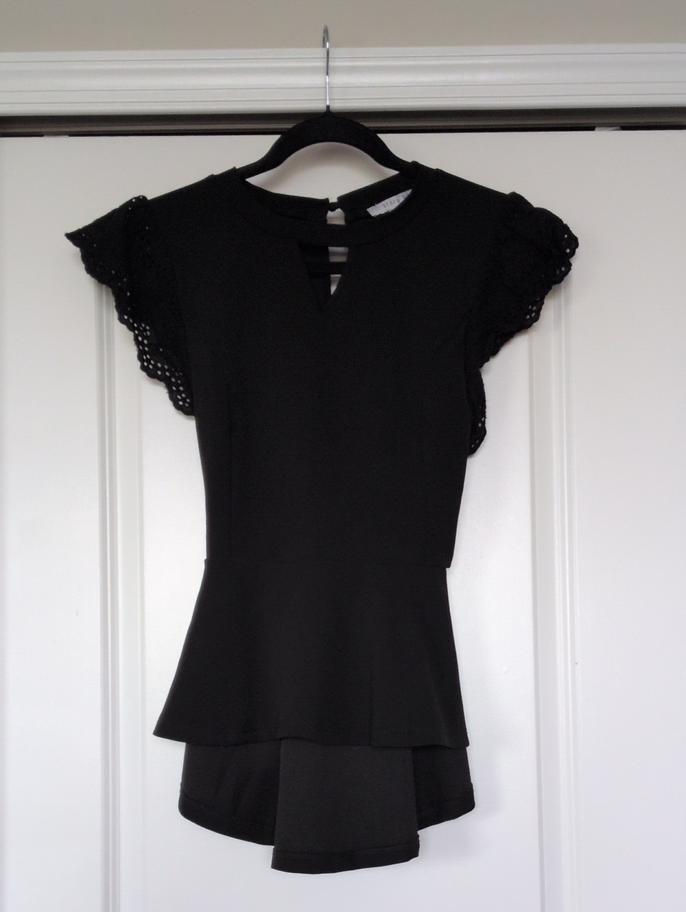 Black Peplum Top with Lace Flutter Sleeves
